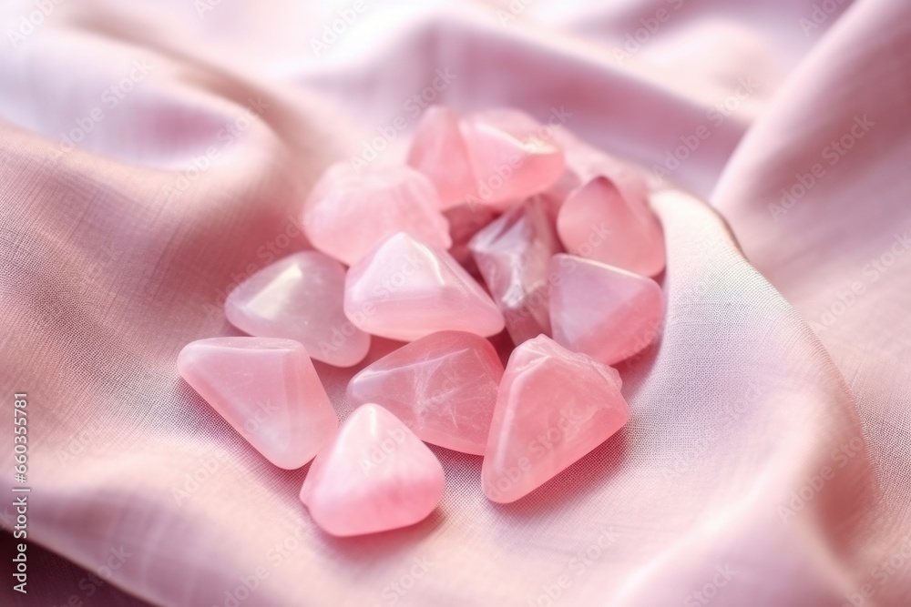 rose quartz stones on soft, pastel fabric rose quartz stones on soft, pastel fabric