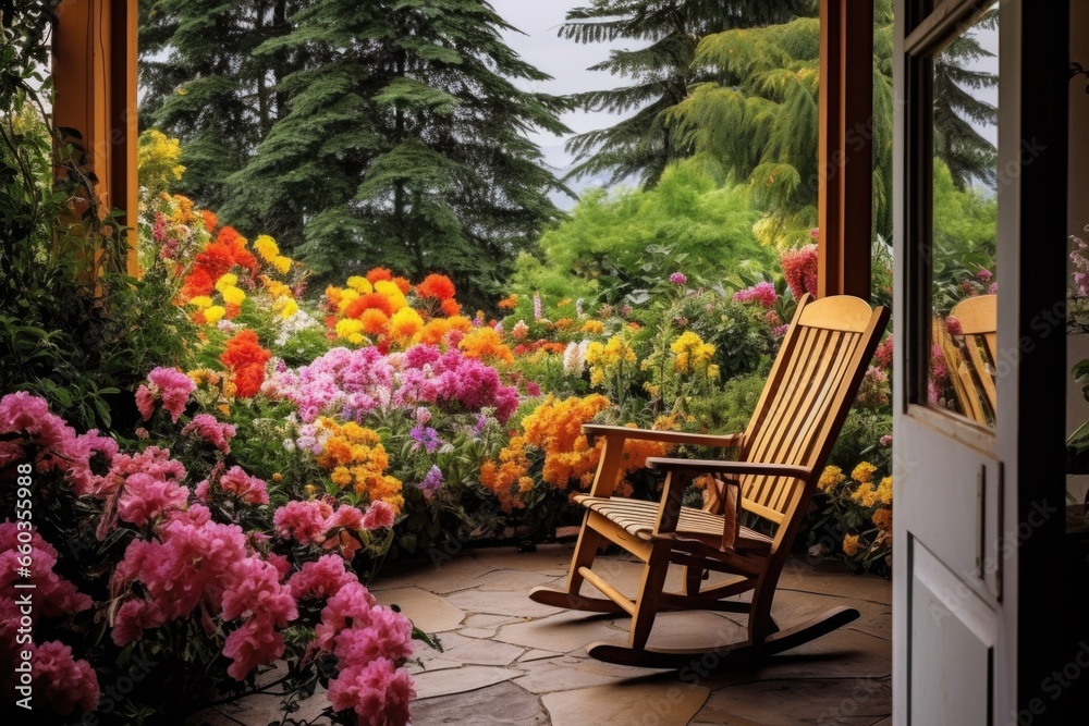 rocking chair on a patio with a view of a garden full of blooming flowers