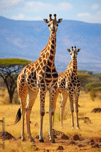 Two giraffes in savannah with zebras. Kenya. Tanzania. East Africa