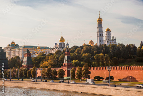 MOSCOW, RUSSIA - SEPTEMBER 26, 2023: View of Moscow on an autumn evening at sunset. Kremlin towers. The Grand Kremlin Palace, the Assumption and Annunciation Cathedrals. A popular tourist attraction.