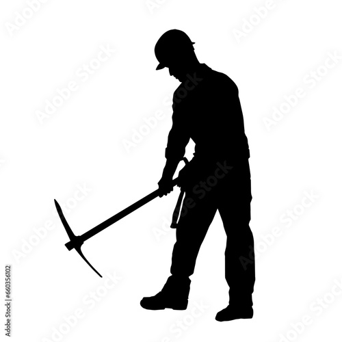 Silhouette of a man in worker costume carrying pick axe tool in action pose.