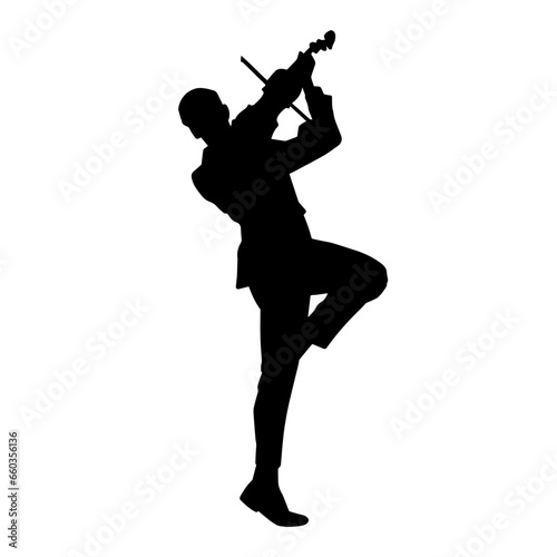 Silhouette of a male violin player in action pose. Silhouette of a musician performing with violin musical instrument.