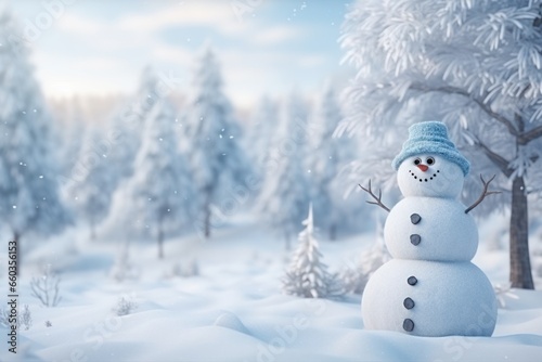 Snowman in winter forest. Christmas and New Year holidays background.