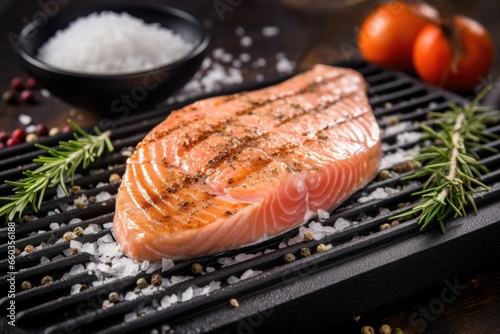 salmon steak with grill marks, salt grains and herb sprigs around