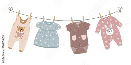 Cartoon cute children's clothes dry on a line with clothespins. Hand drawn vector illustration of baby dress, romper. Clean washed clothes.