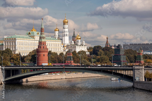 MOSCOW  RUSSIA - SEPTEMBER 26  2023  View of Moscow on an autumn day. The capital of Russia. The Grand Kremlin Palace. Kremlin embankment. The Moscow River. A popular tourist attraction.