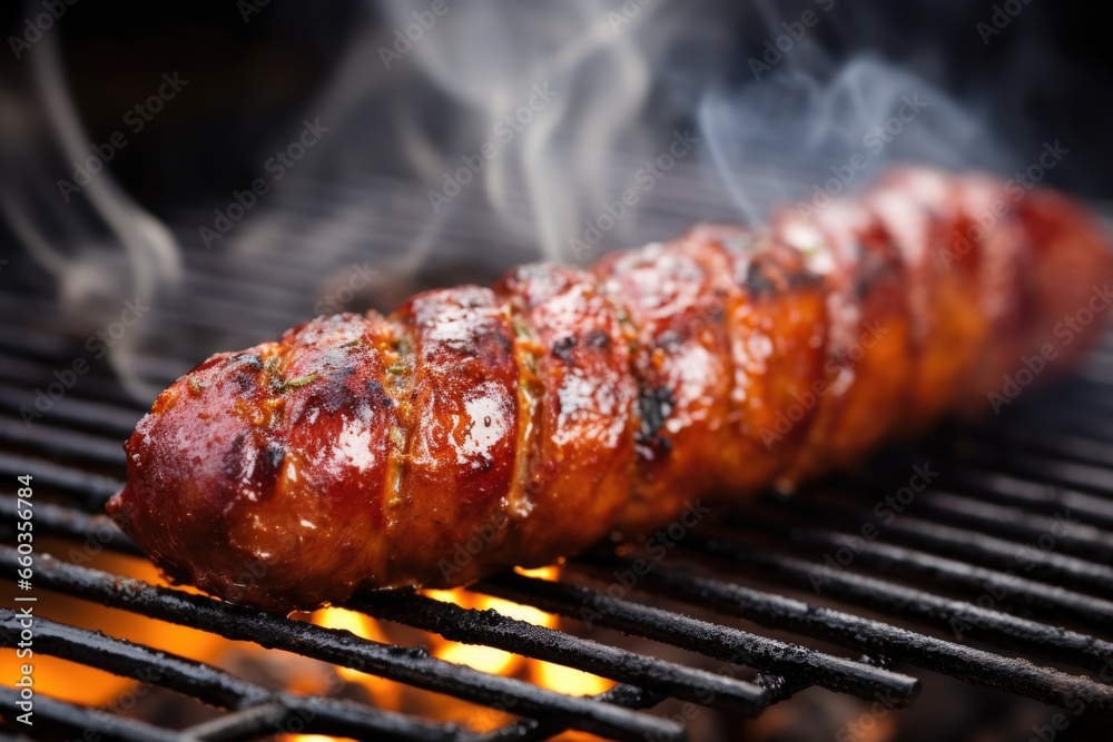 picture of a sausage on a grill, focused on smoke rising from it picture of a sausage on a grill, focused on smoke rising from it