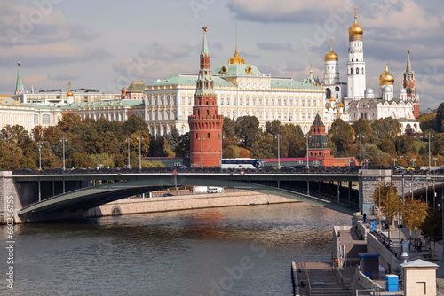 MOSCOW, RUSSIA - SEPTEMBER 26, 2023: View of Moscow on an autumn day. The capital of Russia. The Grand Kremlin Palace. Kremlin embankment. The Moscow River. A popular tourist attraction.