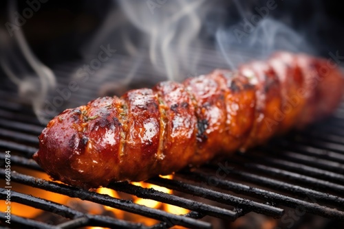 picture of a sausage on a grill, focused on smoke rising from it
