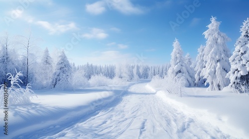 A road in the landscape is covered in a pristine layer of snow, creating a tranquil path.  © Usman