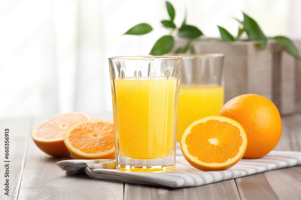 freshly squeezed orange juice in a glass on a sunny table
