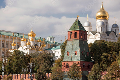 MOSCOW, RUSSIA - SEPTEMBER 26, 2023: View of Moscow on an autumn day. Kremlin towers. The Grand Kremlin Palace, Assumption and Annunciation Cathedral. A popular tourist attraction.