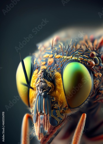 Close angle of the fly. Fly eyes macro photography. Fly in realism style. Fly's eye