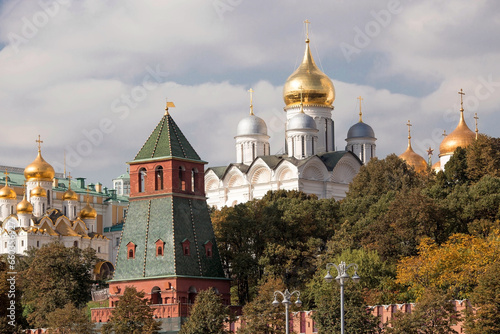 MOSCOW, RUSSIA - SEPTEMBER 26, 2023: View of Moscow on an autumn day. Kremlin towers. The Grand Kremlin Palace, Assumption and Annunciation Cathedral. A popular tourist attraction.