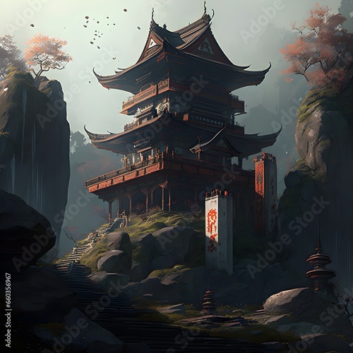 cyberpunk Asian temple on a hill 