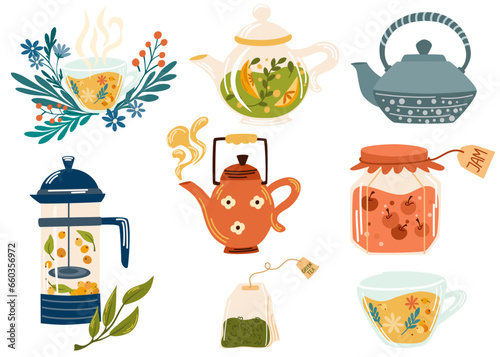 Tea set. Herbs, herbal tea, homeopathic naturopathic essentials, healing plants. Homeopathy, aromatherapy, natural traditional medicine. Flat graphic vector illustration isolated on white background