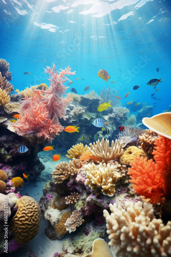 A colorful coral reef with many different types of corals