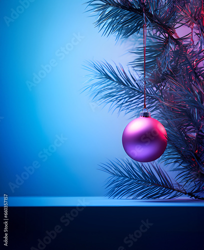 Christmas decoration on blue background with copy space.