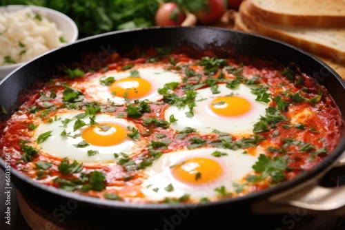 shakshuka garnished with parsley in a copper pan