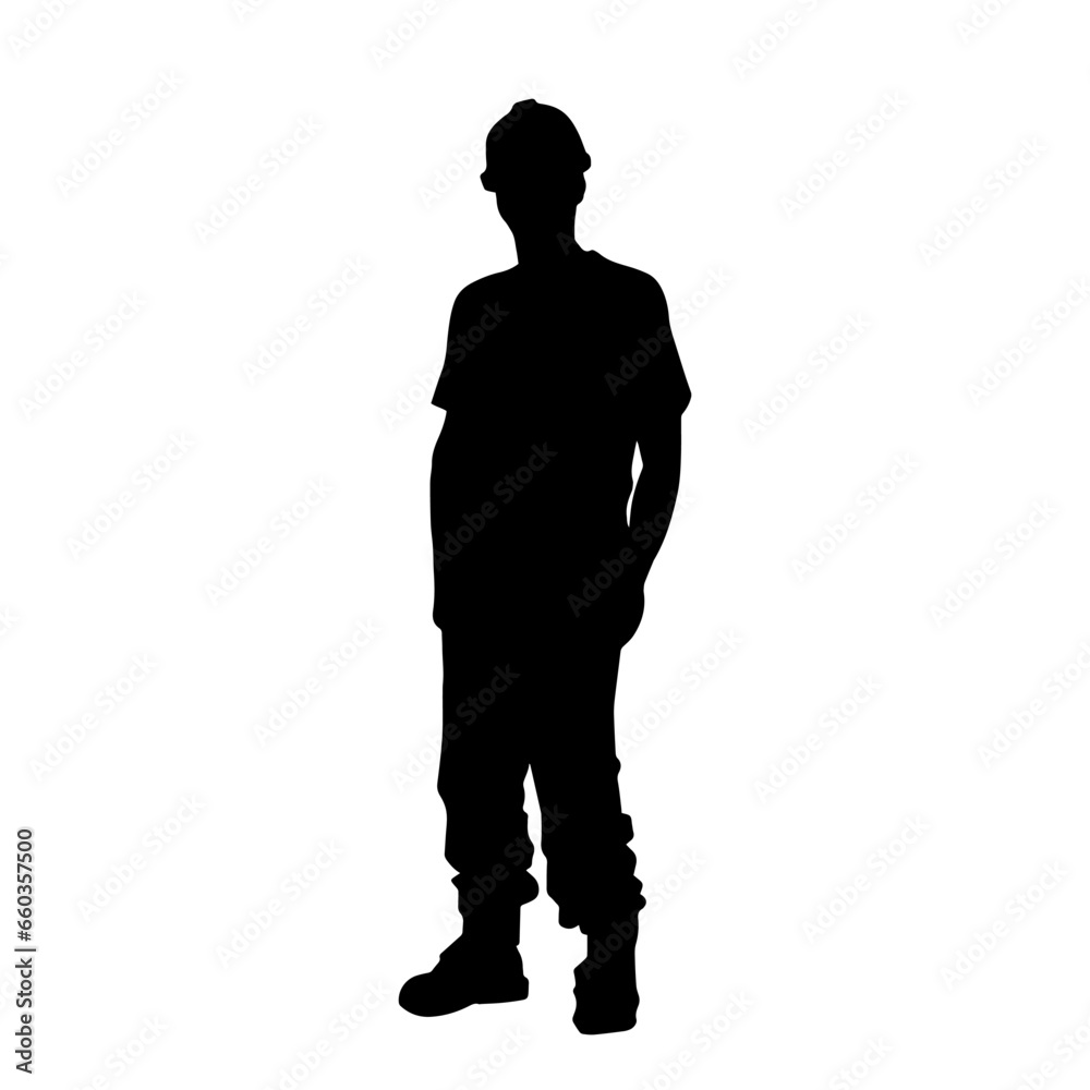 Silhouette of man in construction worker costume. Silhouette of construction worker male in pose. 