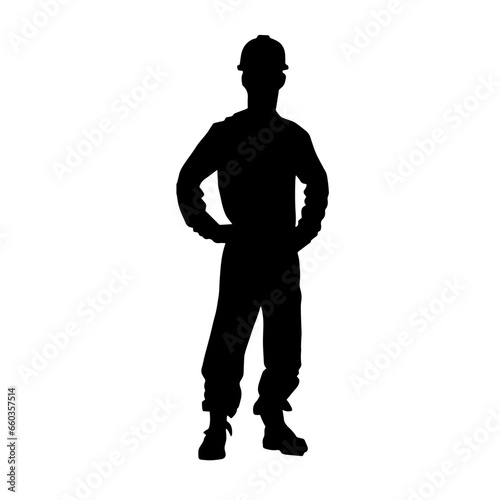 Silhouette of man in construction worker costume. Silhouette of construction worker male in pose. 