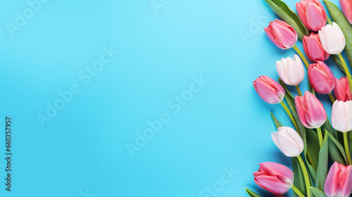 Frame made with fresh tulip flowers on vivid blue background