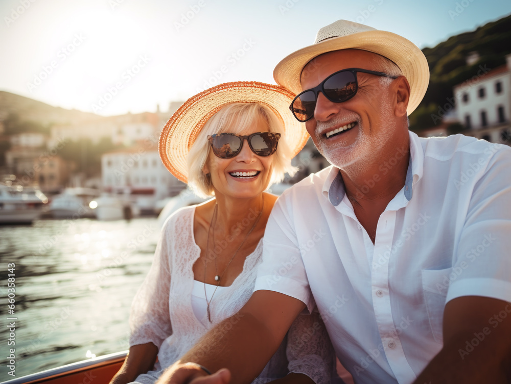 Happy senior couple spending time together, enjoying seaside. Selfie on vacation. Couple in sunglasses and hats are laughing .