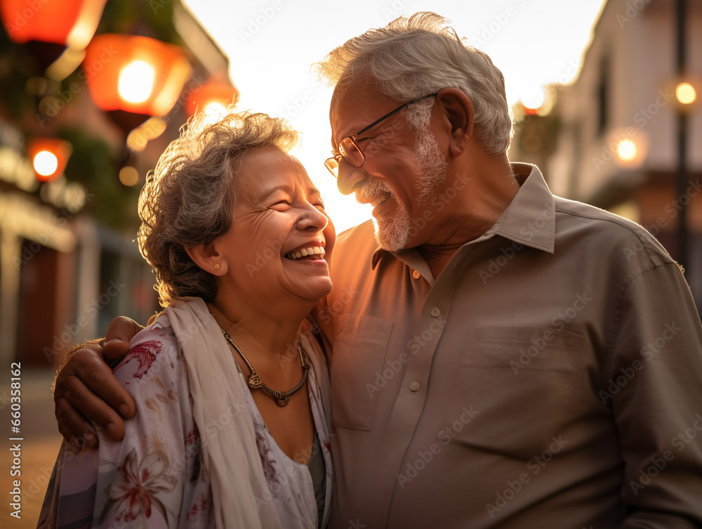 Happy senior couple spending time together. Romantic senior couple laughing cheerfully while walking together outdoors. Happy senior couple spending time together.