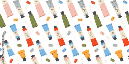 Seamless pattern with Paint tubes on white background, oil paint, acrylic, gouache or watercolor, cartoon style. Print for wrapping paper. Trendy modern vector illustration, hand drawn, flat design. 