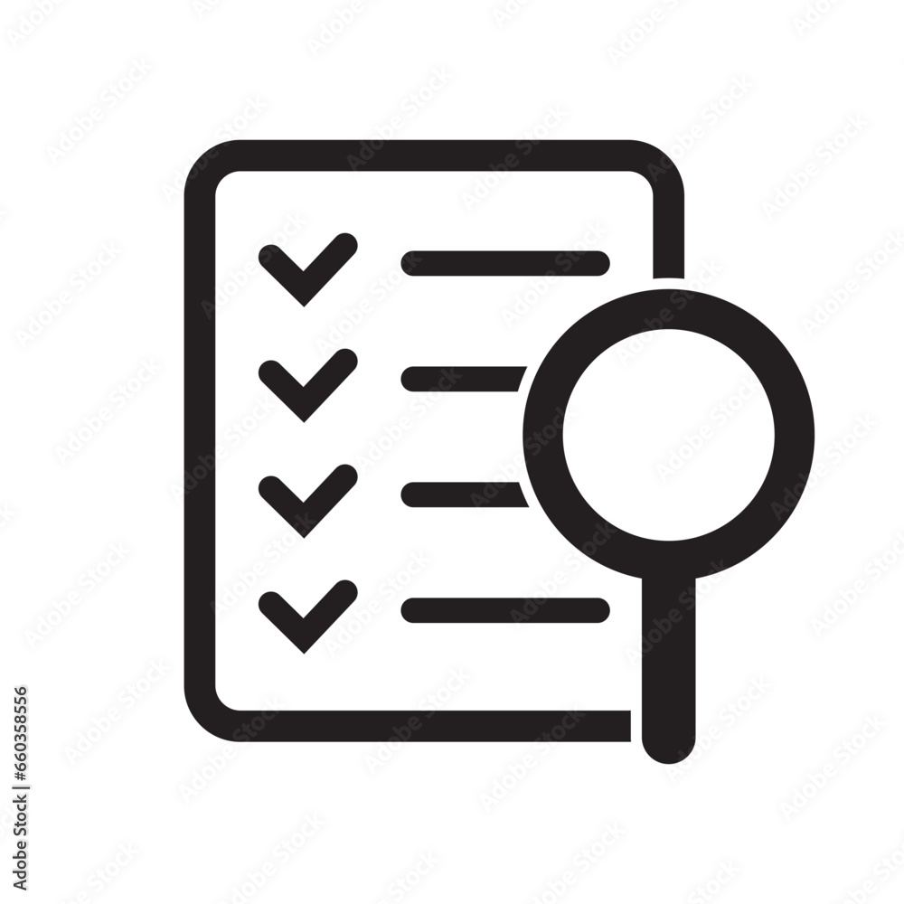 Document check icon vector illustration. Checklist magnifier assessment line icon. Document check icon vector illustration. Checklist magnifier assessment line icon.