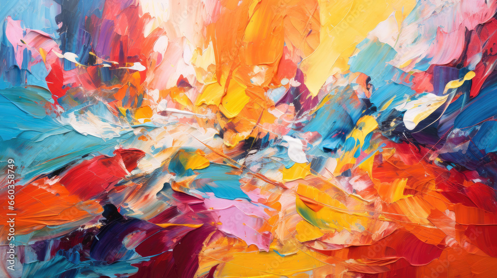 Colorful abstract painting with textured and multi-colored brush strokes.
