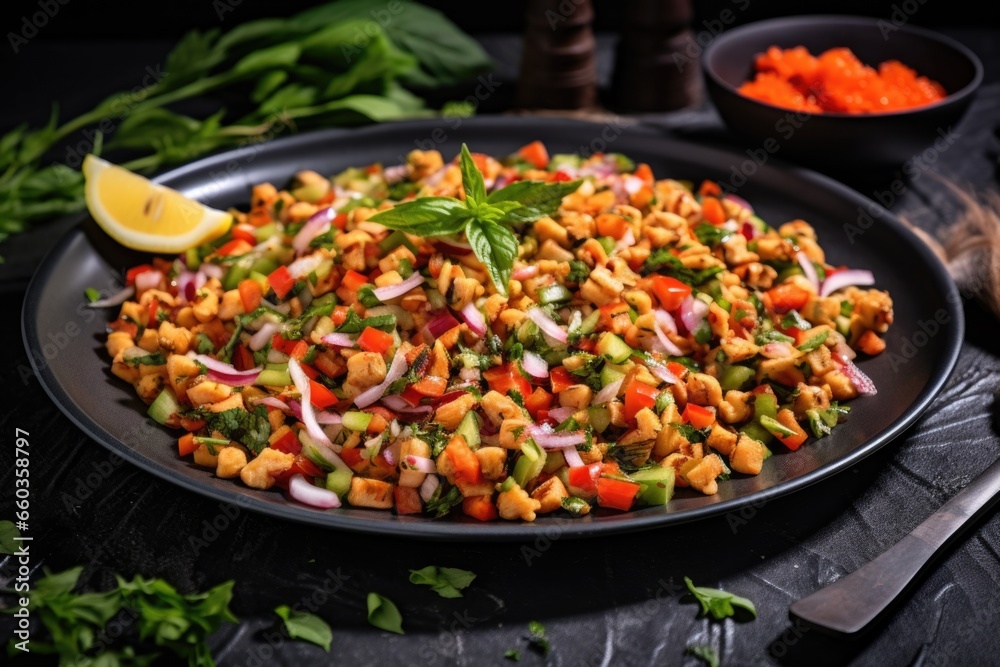 spicy chickpea salad on a stone grey platter