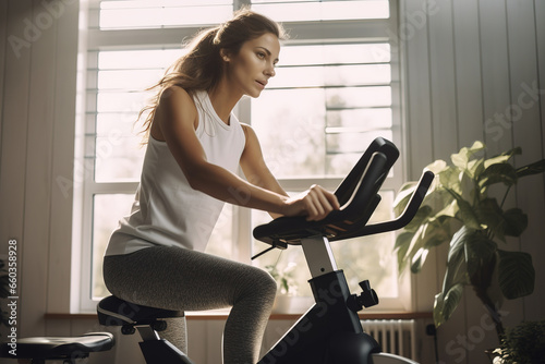 Attractive female athlete crushing cardio workout with home exercise equipment, using her drive and determination to achieve fitness goals. Woman using a stationary bike for indoor cycling. photo