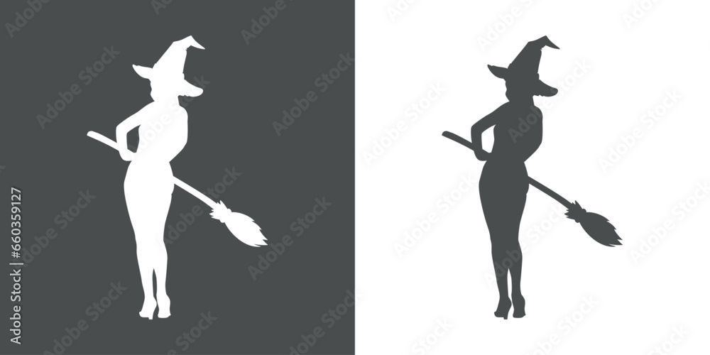 Silueta de bruja sexy de pie con sombrero y escoba para su uso en invitaciones y tarjetas de Halloween Silueta de bruja sexy de pie con sombrero y escoba para su uso en invitaciones y tarjetas de Halloween