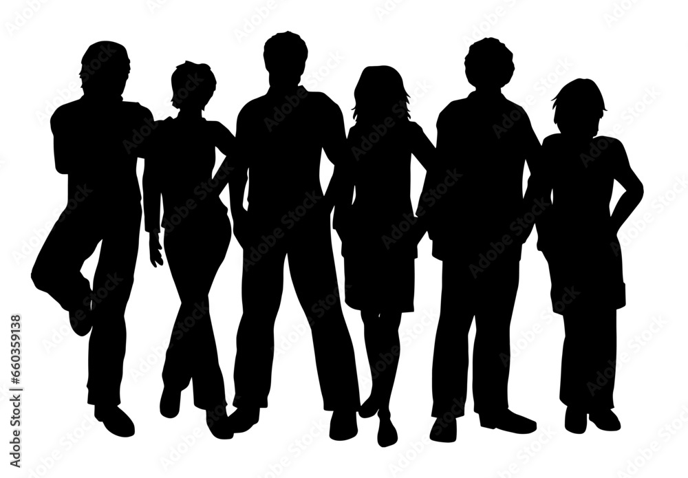 Silhouette of group of people holding hands or close to each other. Silhouette of group of friends or family