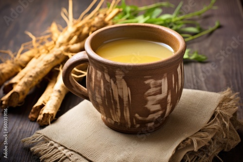 dandelion root tea in a rustic mug on stoneware