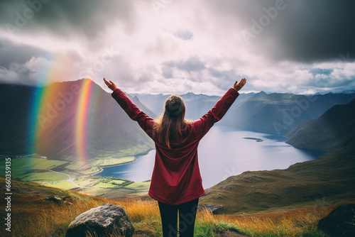 Woman with outstreched arms standing in front of lake, mountains and rainbow. Enjoying at the moment. photo