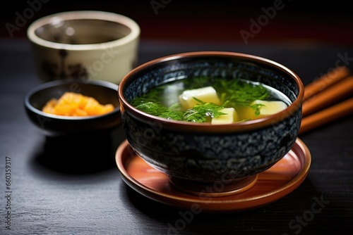 close-up shot of miso soup in a traditional japanese bowl