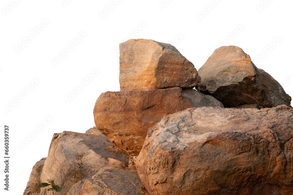 Intricately laid rocks for climbing, plastered with sunlight, natural stone details isolated on white background.