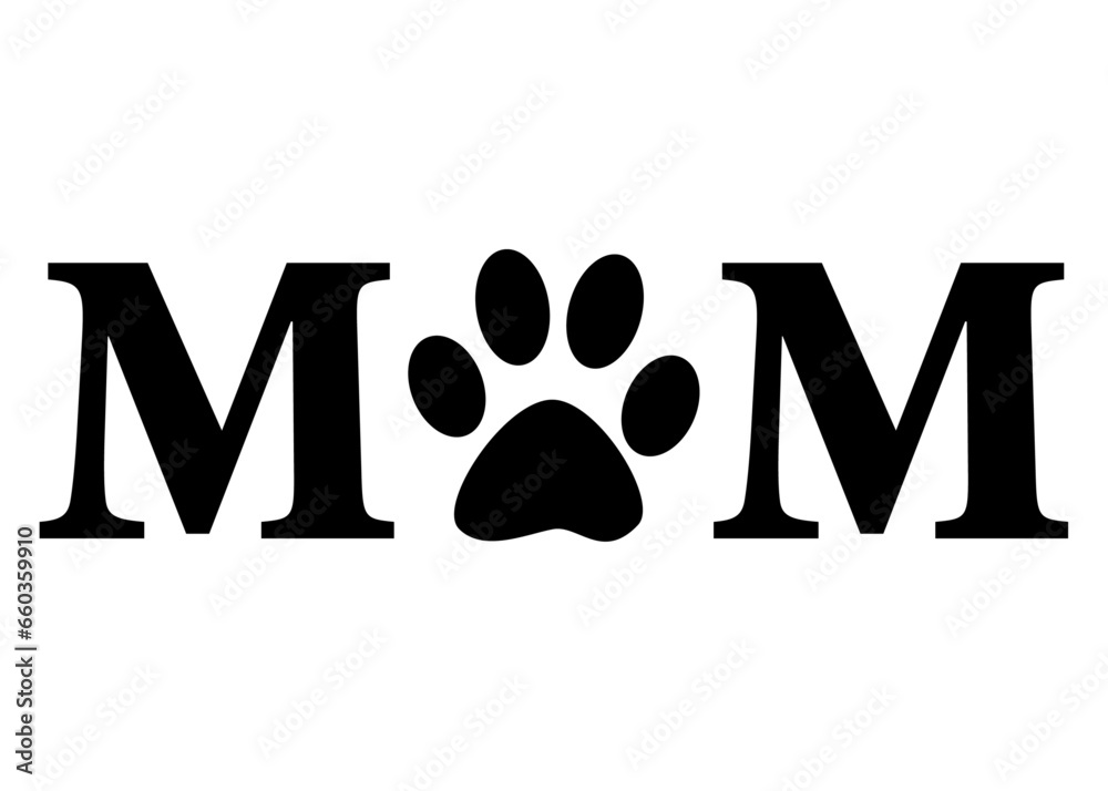Logo pet friendly. Letras de la palabra mom en texto manuscrito con zarpa de perro o gato en lugar de letra o Logo pet friendly. Letras de la palabra mom en texto manuscrito con zarpa de perro o gato en lugar de letra o