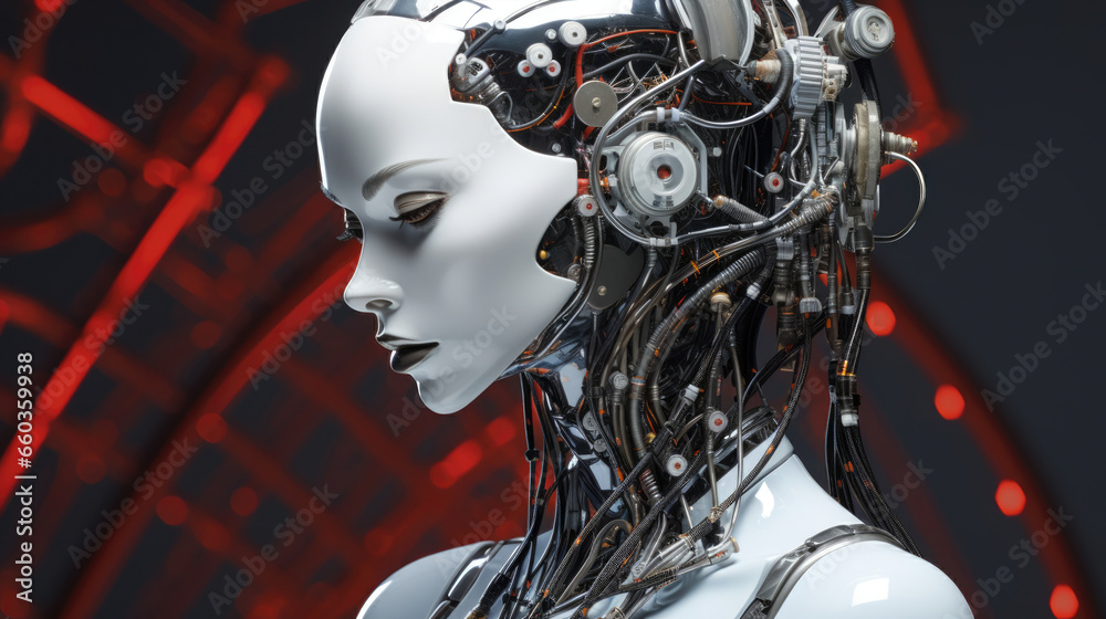 Intricate android head showcases futuristic AI with striking details, wires, and metallic finish, hinting at compelling cybernetic possibilities. Intricate android head showcases futuristic AI with striking details, wires, and metallic finish, hinting at compelling cybernetic possibilities.