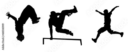 Silhouette of male parkour athlete in action. Silhouette of young man doing parkour jump.  photo