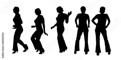 Silhouette group of fashionable female model in pose. Crowd of people in standing pose.