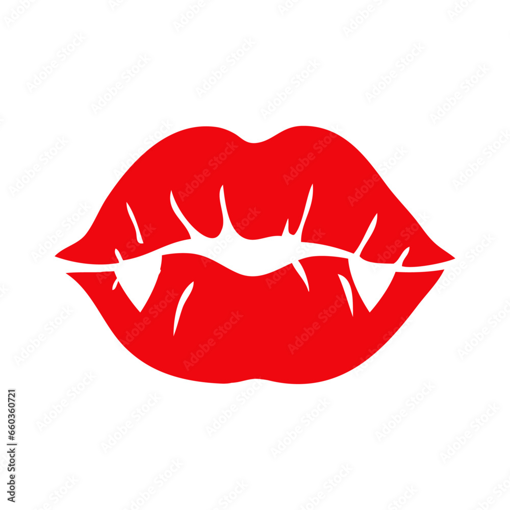 Labios de vampiro. Logo con silueta de labios de mujer con colmillos en espacio negativo para su uso en invitaciones y tarjetas de Halloween