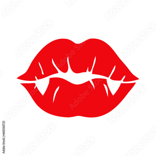 Labios de vampiro. Logo con silueta de labios de mujer con colmillos en espacio negativo para su uso en invitaciones y tarjetas de Halloween