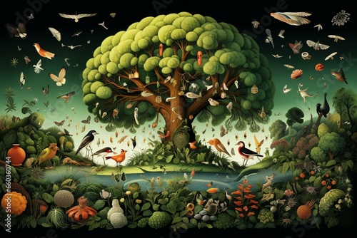 Illustration depicting ecosystem, biodiversity, woodland, carnivores, birds, diverse wildlife, flora, and nature. Generative AI