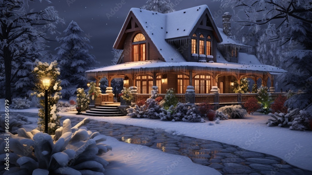 Snowfall adds an enchanting touch to a home, making it a cozy retreat. 