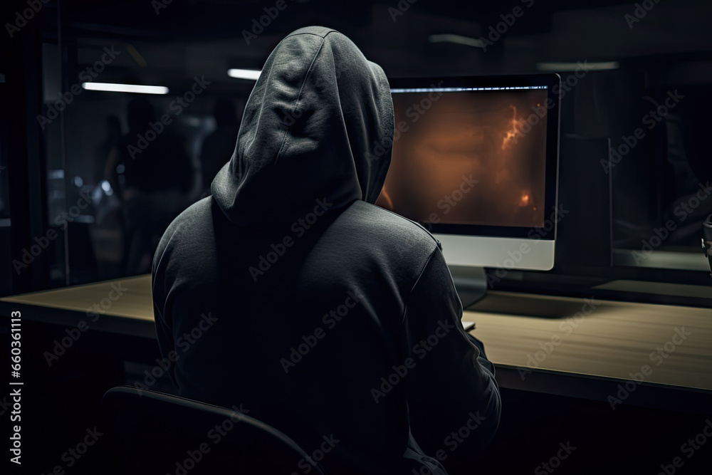 Digital shadows. Unmasking hacker in hoodie. Cyber intrusion. Face behind screen. Hooded hackers. Unveiling dark side of internet
