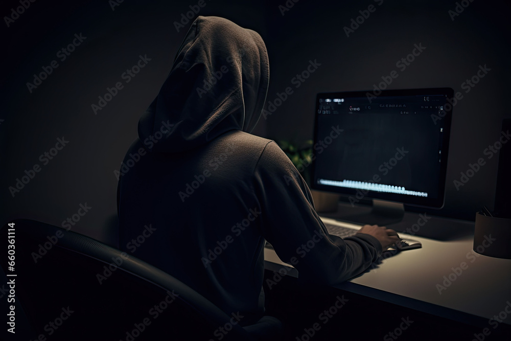 Digital shadows. Unmasking hacker in hoodie. Cyber intrusion. Face behind screen. Hooded hackers. Unveiling dark side of internet