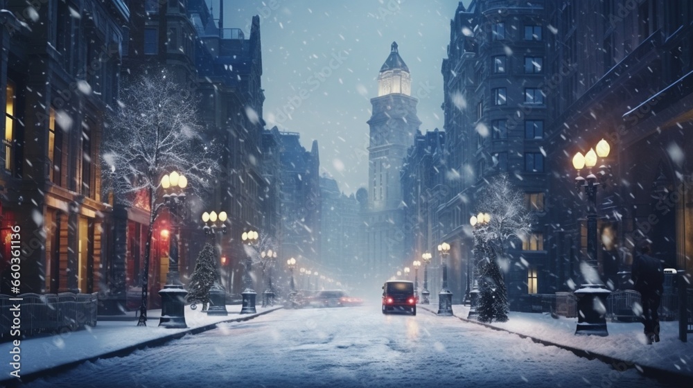 Snowflakes create a magical ambiance in the heart of the city, turning it into a snowy spectacle. 